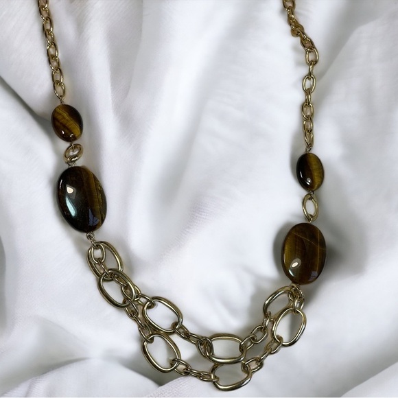 Etienne Aigner Tigers Eye Gold Tone Multi-Strand Chain Link Necklace - Picture 3 of 5